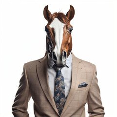 Front view of an horse animal in a suit.