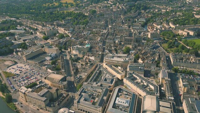 Aerial drone shot of the city of Bath, UK