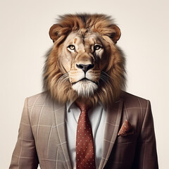 Front view of an lion animal in a suit.