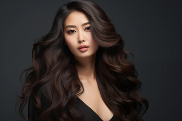 Fototapeta premium Beautiful asian woman with long and shiny wavy hair looking at the camera on the black background