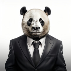 Front view of a panda animal in a suit
