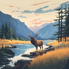 Vintage oil painting art work  of mountain valley stream and elk during sunset ai generated