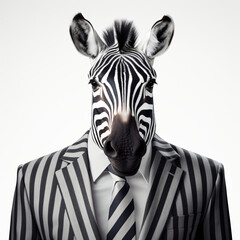 Front view of a zebra animal in a suit
