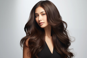 Fototapeta premium Beautiful asian woman with long and shiny wavy hair looking at the camera on the grey background