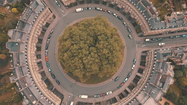 Aerial drone shot of The Circus roundabout in the city of Bath, UK