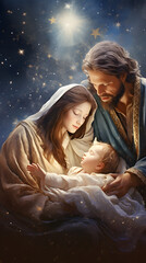 Christmas nativity scene with holy family and baby Jesus in the night sky. Beautiful Christmas concept. Nativity scene: Saint Mary and Jospeh with the newborn Jesus Christ © mandu77