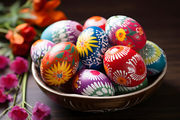 Colorful painted easter eggs in a wooden bowl on a dark wooden background