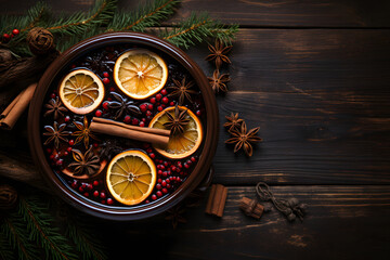 Fototapeta na wymiar Christmas mulled wine. Top view of rustic pot with christmas red mulled wine and spices and christmas decor. 