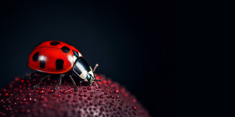 A ladybug showcased on a striking red and black background, minimal retouching, presenting a minimalistic, clean, stylish appearance with smooth surfaces.