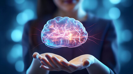 Close up of female doctor hand holding abstract brain hologram on blurry background - obrazy, fototapety, plakaty