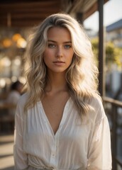 Obraz premium Beautiful photorealistic 25-year-old girl, grey hair, blue eyes, white clothes, approachable expression, golden-hour sunlight, beach setting, high-resolution, 85mm lens, 8K, Generative AI