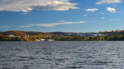 Brno Dam - Czech Republic. Beautiful Czech landscape with forests, lake and blue sky. Recreational area for sports and entertainment.