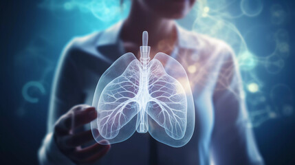 Close up of female doctor hand holding abstract lung hologram on blurry background