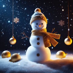 A Christmas snowman on a cold and snowy winter day. 