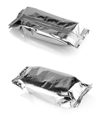 set of blank snacks foil packaging isolated on white background