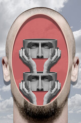 Digital collage in surrealism style with head of a man	