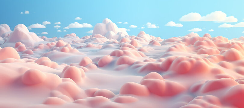 Clouds background in a 3D image, realistic landscapes with soft, tonal colors, shaped canvas, luminous shadows, lightbox, soft-edged, mysterious backdrops.