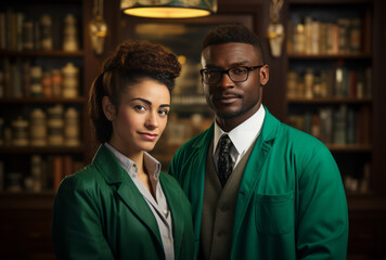 Fototapeta na wymiar Young couple in pharmacy lab coats and white coats posing, vibrant colorism, light emerald, brown, bold colorism, washington color school, optical, grit, grain.