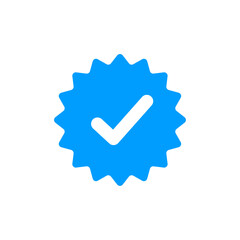 Blue check mark tick verification icon symbol. Confirm checkmark label approval quality product verification blue tick.
