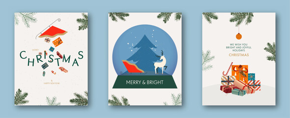 Set of Merry Christmas and Happy New Year greeting card, poster, holiday cover. Elegant Xmas design with gifts, snow globe and reindeer. Illustration concept for  invitation, banner, social media.