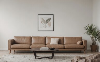 Modern minimalist living room interior with leather sofa.  Minimalist living room mockup idea with copy space.