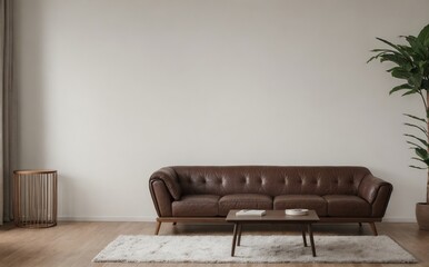 Modern minimalist living room interior with leather sofa.  Minimalist living room mockup idea with copy space.