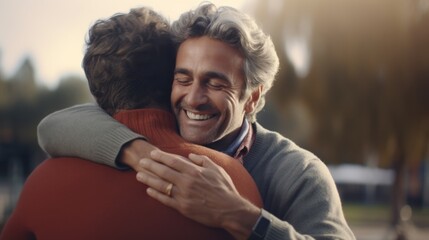 The elderly father and middle-aged son embracing each other warmly, reflecting the happiness of the family and the strong bond between father and son. - obrazy, fototapety, plakaty