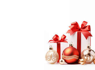 Christmas gifts and decorations on white background, banner. Created using AI
