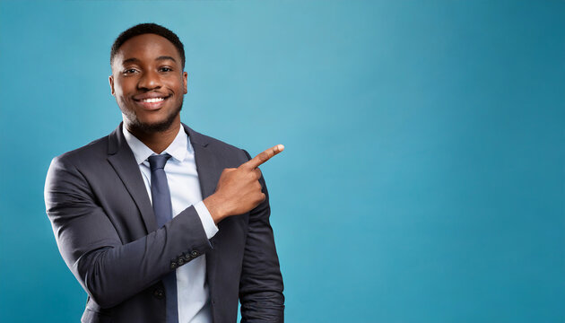 Portrait of cheerful black businessman pointing to their left at copy space for advertising against blue background
