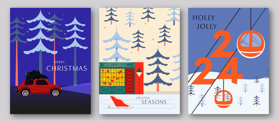 Merry Christmas and Happy New Year greeting cards set. Modern Xmas design with typography, santa car, snowflakes, christmas tree. illustration concept for sale banner, poster, cover template