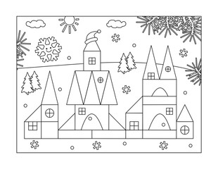 Ice palace or toy town in winter coloring page. Black and white, printable.
