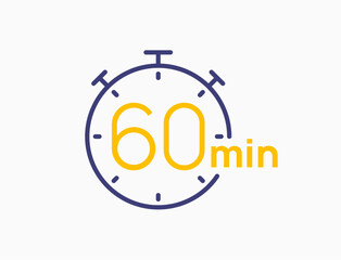 Timer 60 minutes line icon clock. Countdown stopwatch vector digital sport time. Chronometer 60 minute timer. - obrazy, fototapety, plakaty