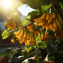Close-up de bananas em um ramo de árvore, com a luz solar delicadamente refletindo sobre elas.