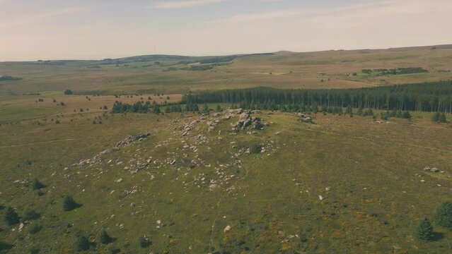 Aerial drone shot of Bellever Forest and Tor in Dartmoor National Park