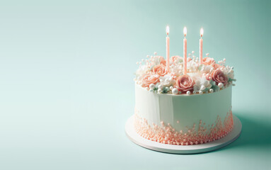 Three candle birthday cake with a pastel green background. Copy space for text, advertising, message, logo