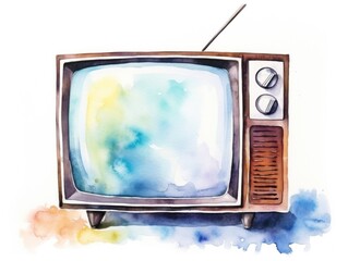 Old vintage  TV , watercolor illustration isolated on white