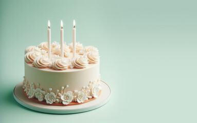 Three candle birthday cake with a pastel green background. Copy space for text, advertising, message, logo