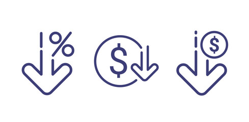Cost reduction icon price lower arrow. Vector low cost money crisis line icon - obrazy, fototapety, plakaty