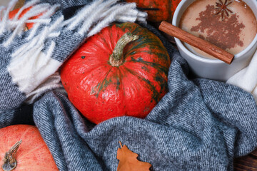 Autumn orange pumpkin and spicy latte with cinnamon on warm grey scarf close up. Hot sweet beverage, composition for mood of comfort, leisure, October, November, thanksgiving