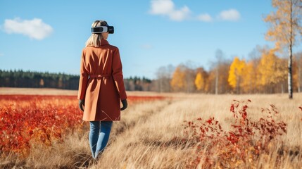 Immersed in Contrast, A Woman Wearing a Virtual Reality Headset in the Midst of Nature, Generative AI