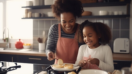 Happy african american mother and daughter baking pancakes in kitchen at home. lifestyle, family,...