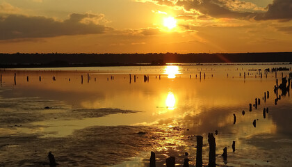Naklejka premium Red-yellow sunset over the Kuyalnitsky estuary, southern Ukraine