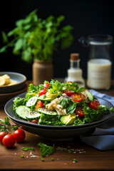 served delicious salad with different vegetables and watercress on the table, clean eating