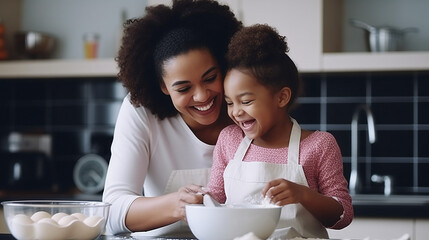 Happy african american mother and daughter baking pancakes in kitchen at home. lifestyle, family, motherhood, cooking, food and domestic life, unaltered. - obrazy, fototapety, plakaty