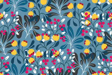 Seamless floral pattern, abstract ditsy print with winter folk motif. Simple decorative botanical design: hand drawn wild flowers, small berries, leaves on a blue background. Vector illustration.