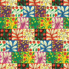 Seamless floral pattern, retro style flower print with Mexican motif. Bright color botanical design, decorative tiles: hand drawn stamps with wild plants, flowers, berries, leaves. Vector illustration