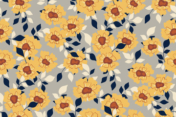 Seamless floral pattern, abstract ditsy print with wild garden in vintage motif. Elegant botanical design: hand drawn yellow flowers, small leaves, gray background. Print for fabric, paper. Vector.