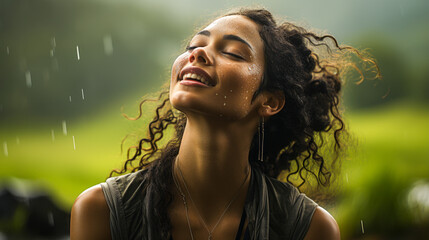 Black woman stretching in a rainy, rural field at dawn.