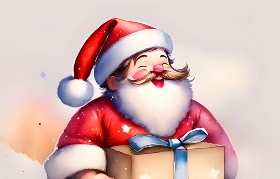 Cute Santa Claus with gift watercolor illustration for Christmas holiday winter season.