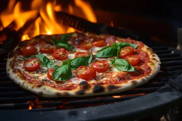 Foto op Plexiglas Baked margherita pizza in traditional wood oven with tomato © Irina Bort